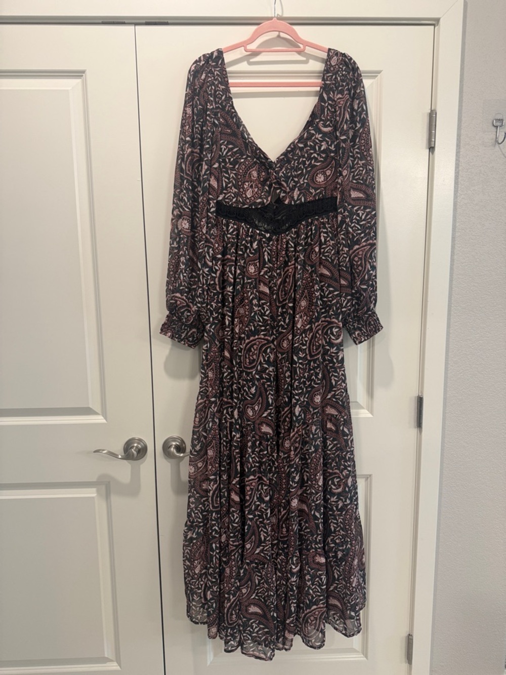 Free People Black and Mauve Paisley V-Neck Maxi Dress